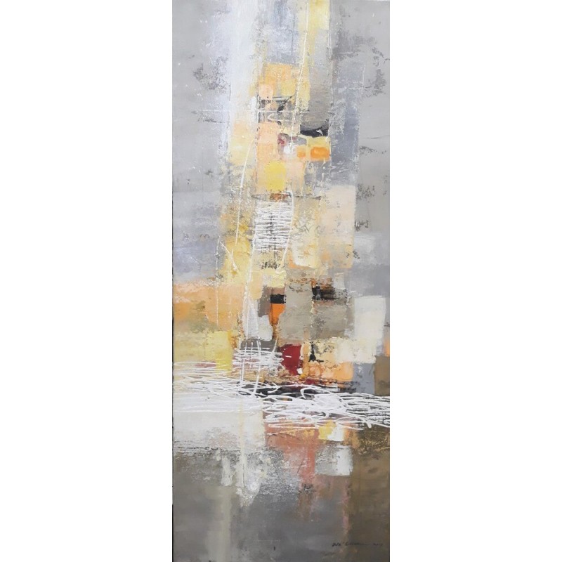 Tableau abstrait vertical différents tons gris et touches jaune 100x40cm