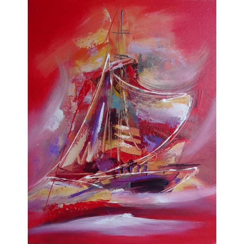 Décoration style bord de mer  bateau sur cadre couleur rouge