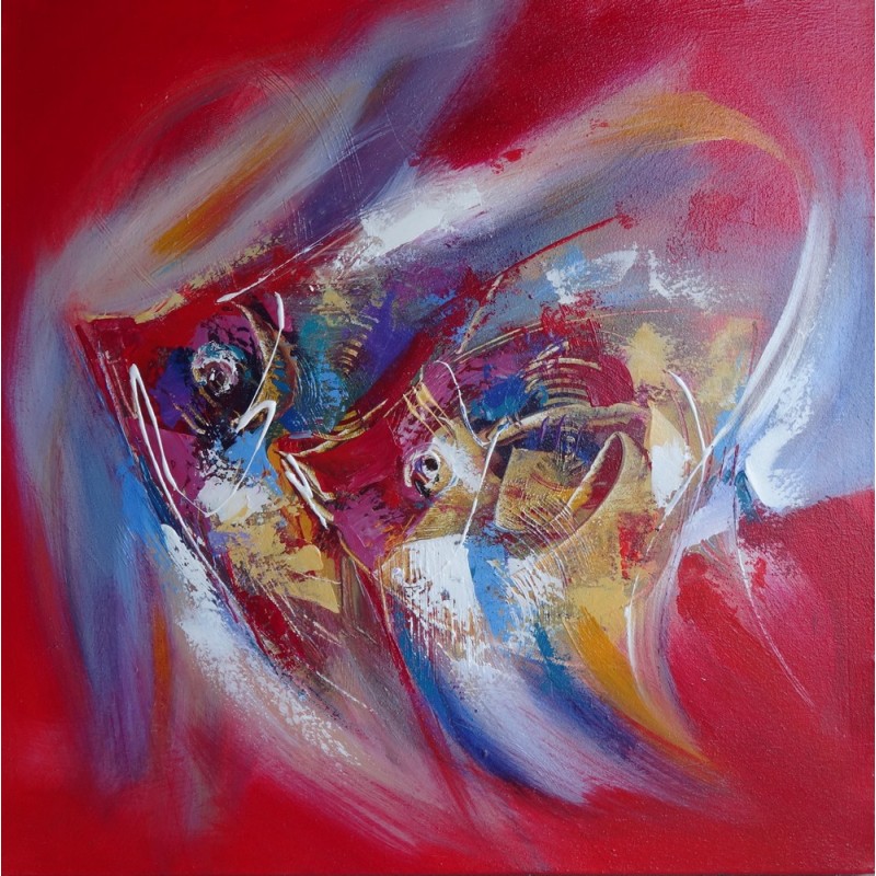 Peinture d co poisson  abstrait  fond rouge 70x70 cm