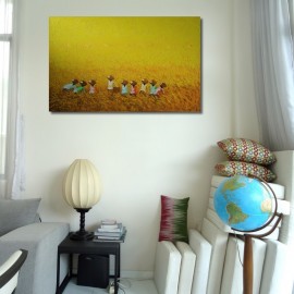 TABLEAU PERSONNAGES DANS UNE RIZIERE JAUNE-135x85 cm