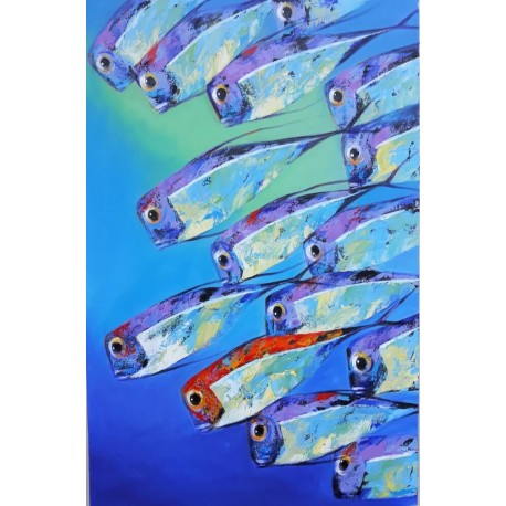 Banc de poissons en mer- tableau vertical 140x90 cm