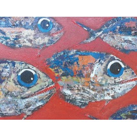 Tableau banc de poissons piranhas fond rouge 150x100 cm