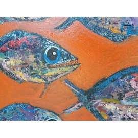 Toile sur cadre orange et poissons 100x100 cm