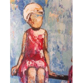 Tableau cadre filles sur un banc 80x80 cm