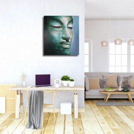 Peinture originale Bouddha tons bleu et vert d'eau 90x100 cm