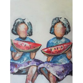 Tableau fillettes et pastèque 60x60 cm