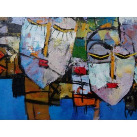 Tableau masques colorés-fond bleu- 90x70 cm