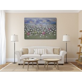 Montagnes et champ fleuri- Tableau contemporain 150x100 cm